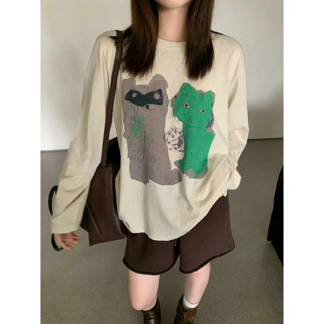 ERUME 72814早秋韩系抽象卡通小猫印花长袖T恤女防晒宽松百搭上衣