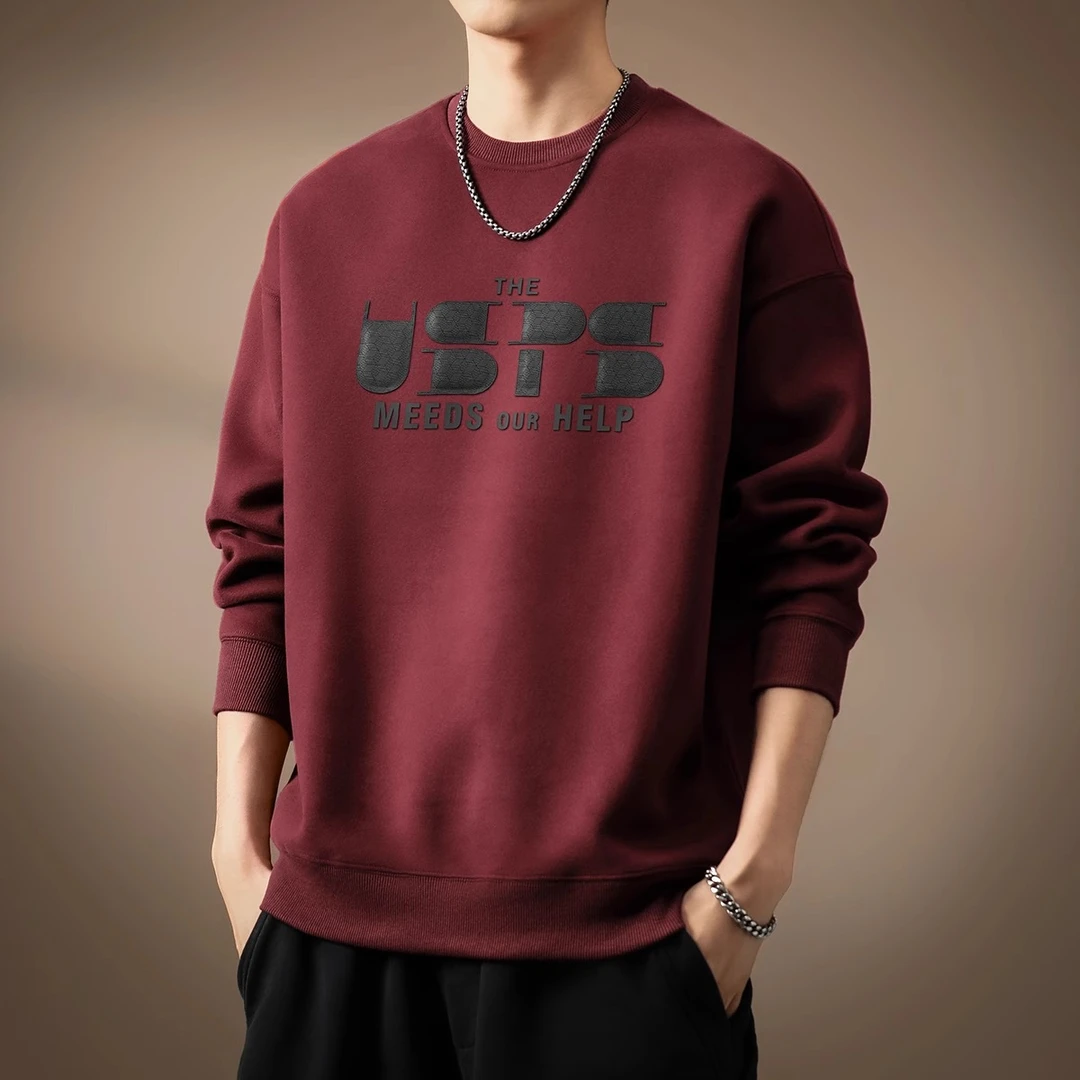 高端美式重磅发泡印花红色卫衣男2025春季磨毛复古宽松休闲外套男