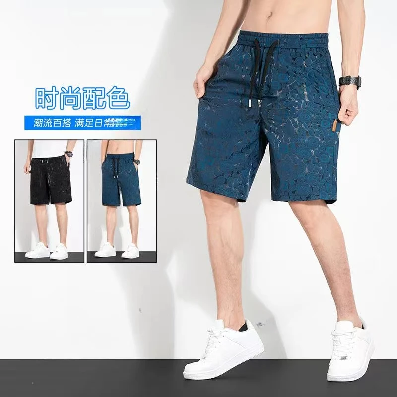 提花冰丝男士五分裤夏季薄款休闲短裤直筒宽松透气冰丝男款休闲裤