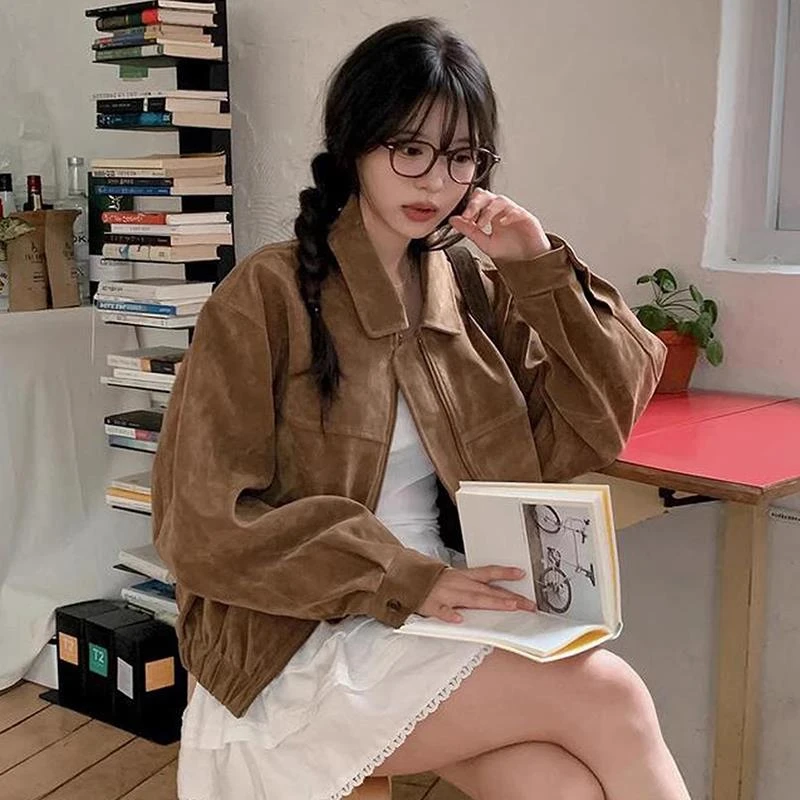 韩国秋季复古美拉德翻领仿鹿皮绒宽松百搭机车服夹克短外套女春秋