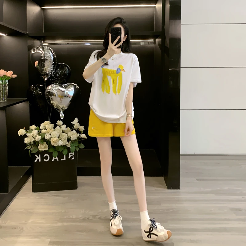 网红白色休闲运动短裤套装女多巴胺穿搭一整套女装T恤短裤两件套