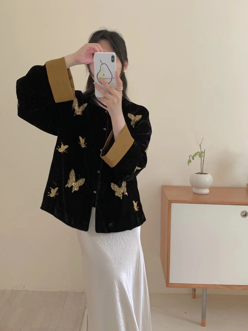 金禾【金蝶颂】秋季新中式丝绒蝴蝶刺绣国风外套1825