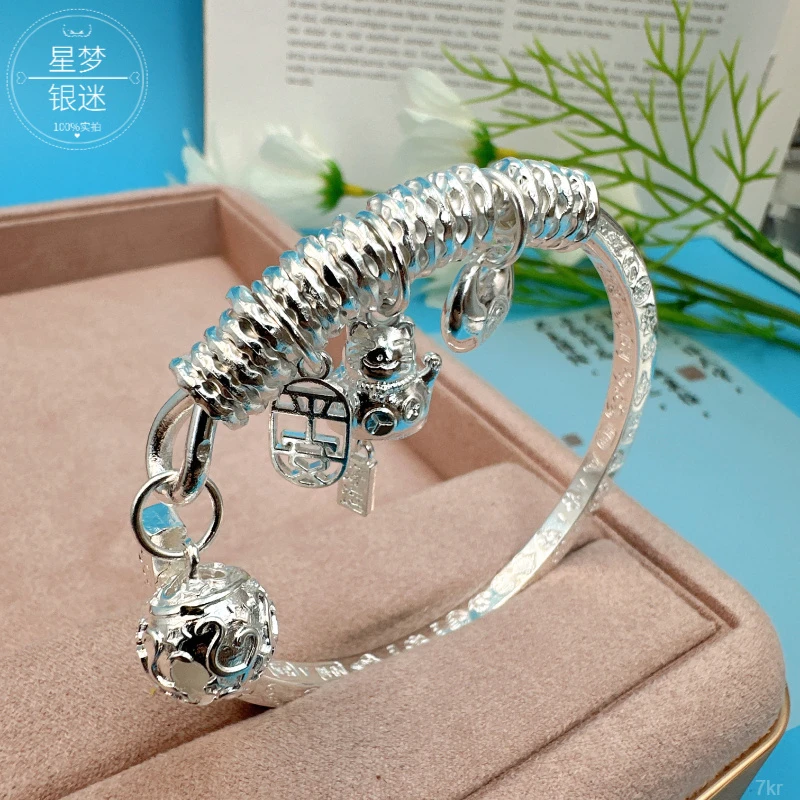 足银手镯 银9999盘缠手镯平安招财实心开口招财猫银复古手工简约