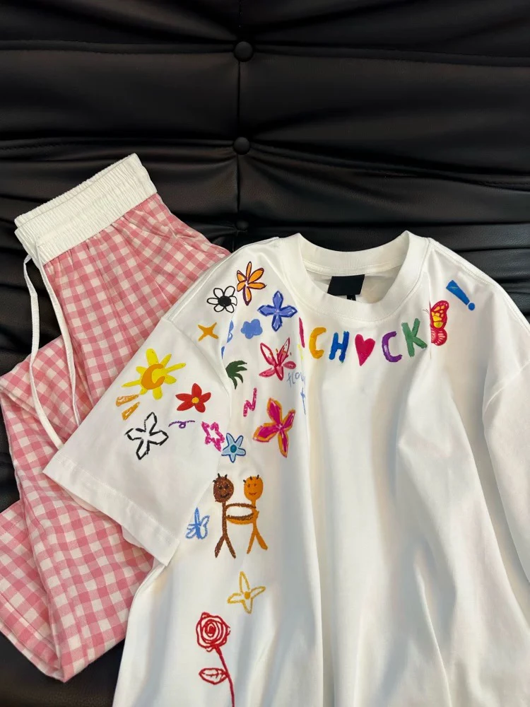 【沫弛尔】花朵涂鸦女大童短袖T2025夏季新品391