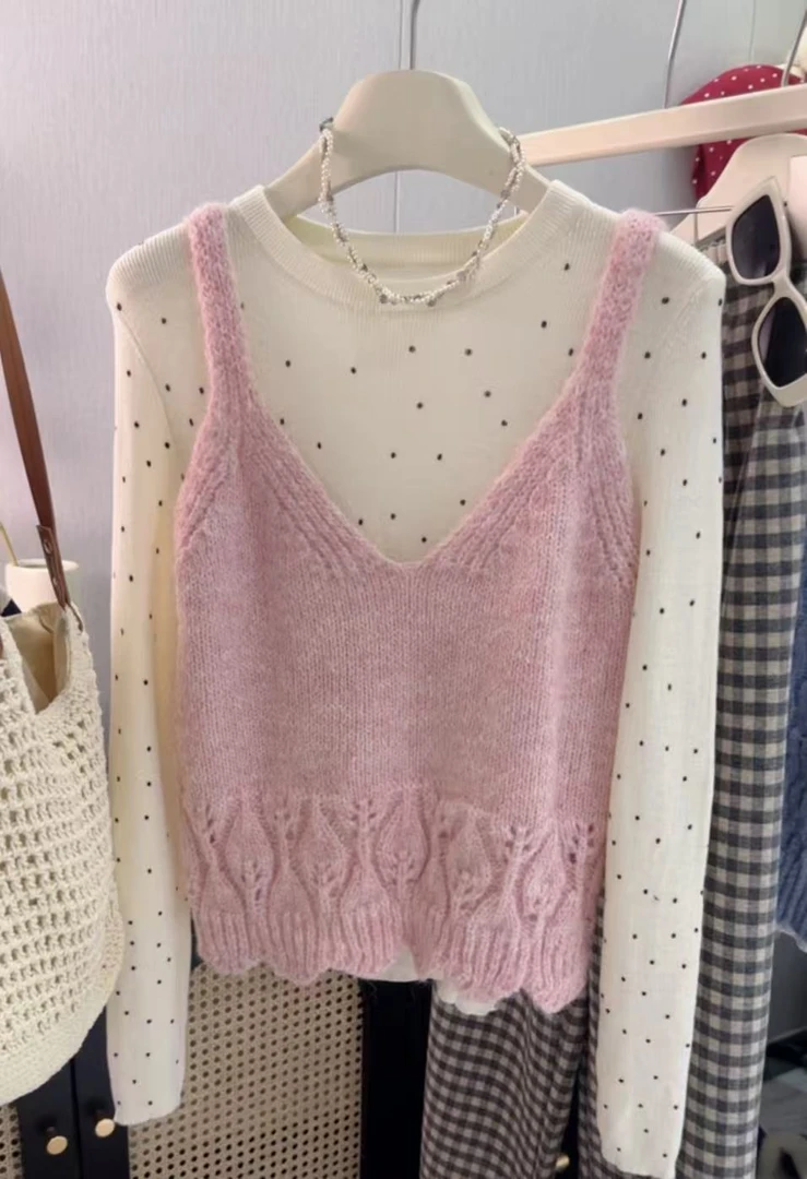 早秋独特超好看套装2025新款镂空针织吊带背心叠穿衬衫上衣两件套