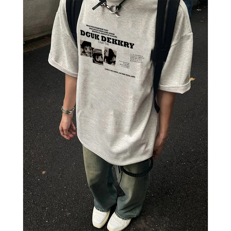 美式潮牌动漫字母印花短袖T恤男夏季设计感百搭宽松重磅纯棉上衣