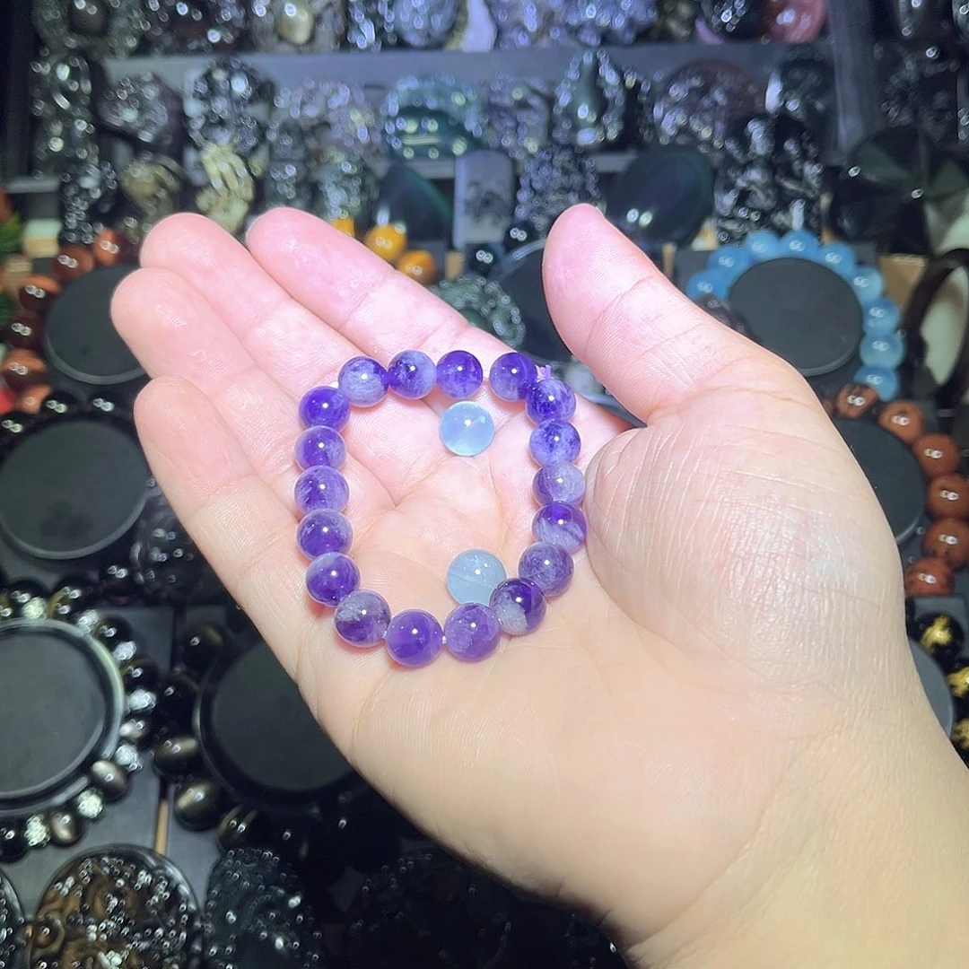 黑曜岩未镶嵌手串好***你紫锂辉加两颗海蓝宝10m
