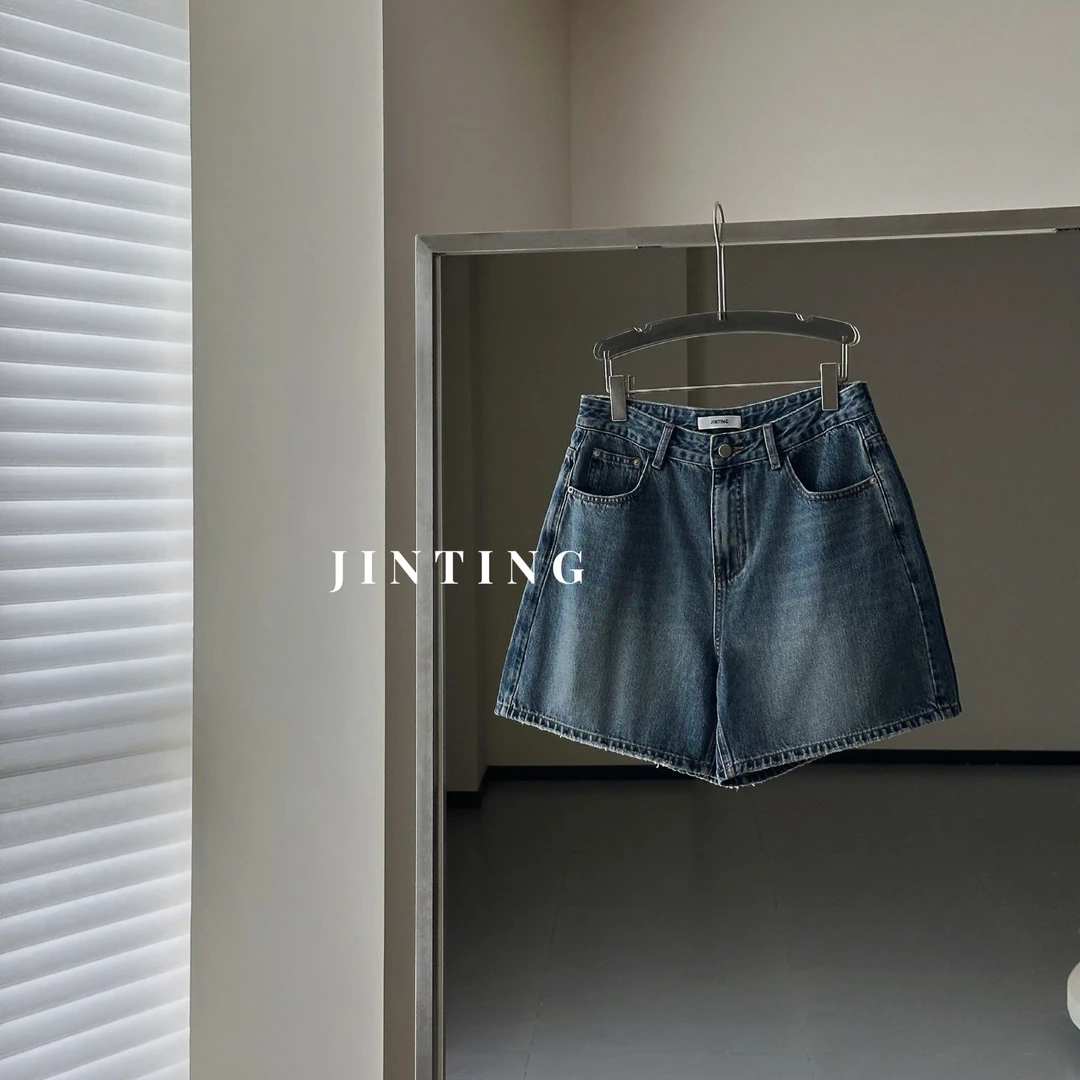 2025夏季新款时尚复古宽松显瘦港风蓝色牛仔短裤-J25203321