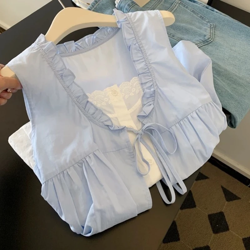 夏季网红韩版木耳边蝴蝶结系带假两件衬衣设计感无袖衬衣短袖女