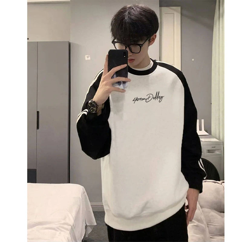 美式小众字母印花圆领套头卫衣男秋季潮牌百搭宽松插肩三条杠上衣