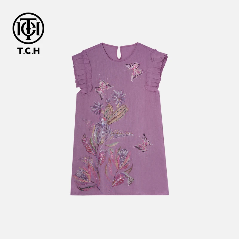 TCH烫钻工艺时尚休闲气质蝴蝶连衣裙女圆领印花轻奢女士T75B30E51