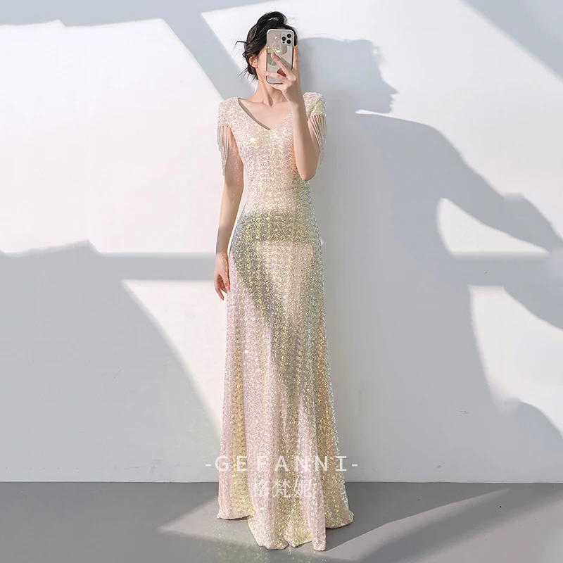 晚礼服女2025高级感宴会气质轻奢小众高端主持人亮片裙肩流苏绝美