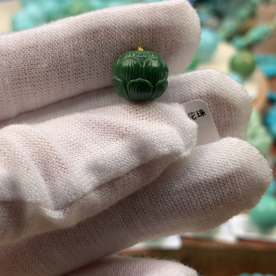 绿松石未镶嵌珠宝奇石菜籽玉化翠绿莲花珠10.8*9.9mm