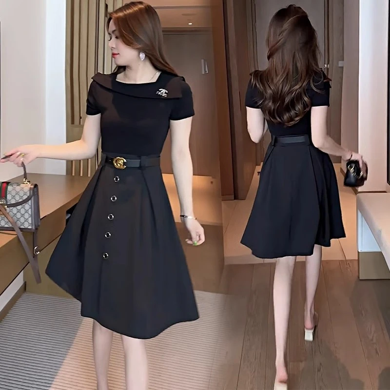 减龄气质连衣裙黑色夏季2025新款高级感洋气显瘦收腰假两件裙子