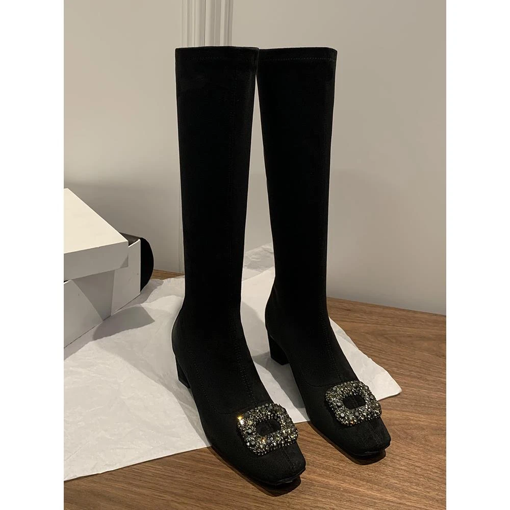 方头法国莱茵石厚跟弹性修身靴短袜靴长靴高筒靴优雅的小香风格靴