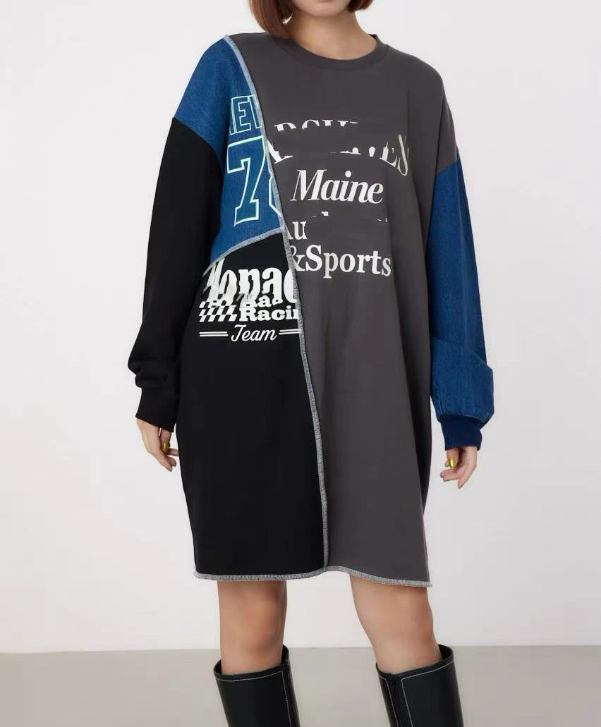 秋款纯棉毛圈棉圆领中长款字母时尚印花拼接卫衣裙25111642