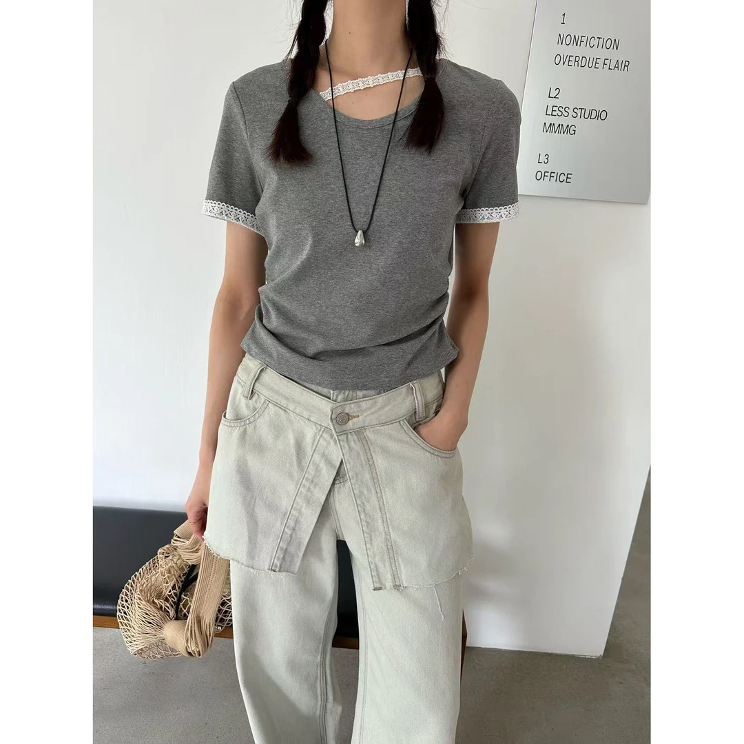99035#M77#韩系小心机甜美蕾丝拼接修身显瘦T恤(福利)