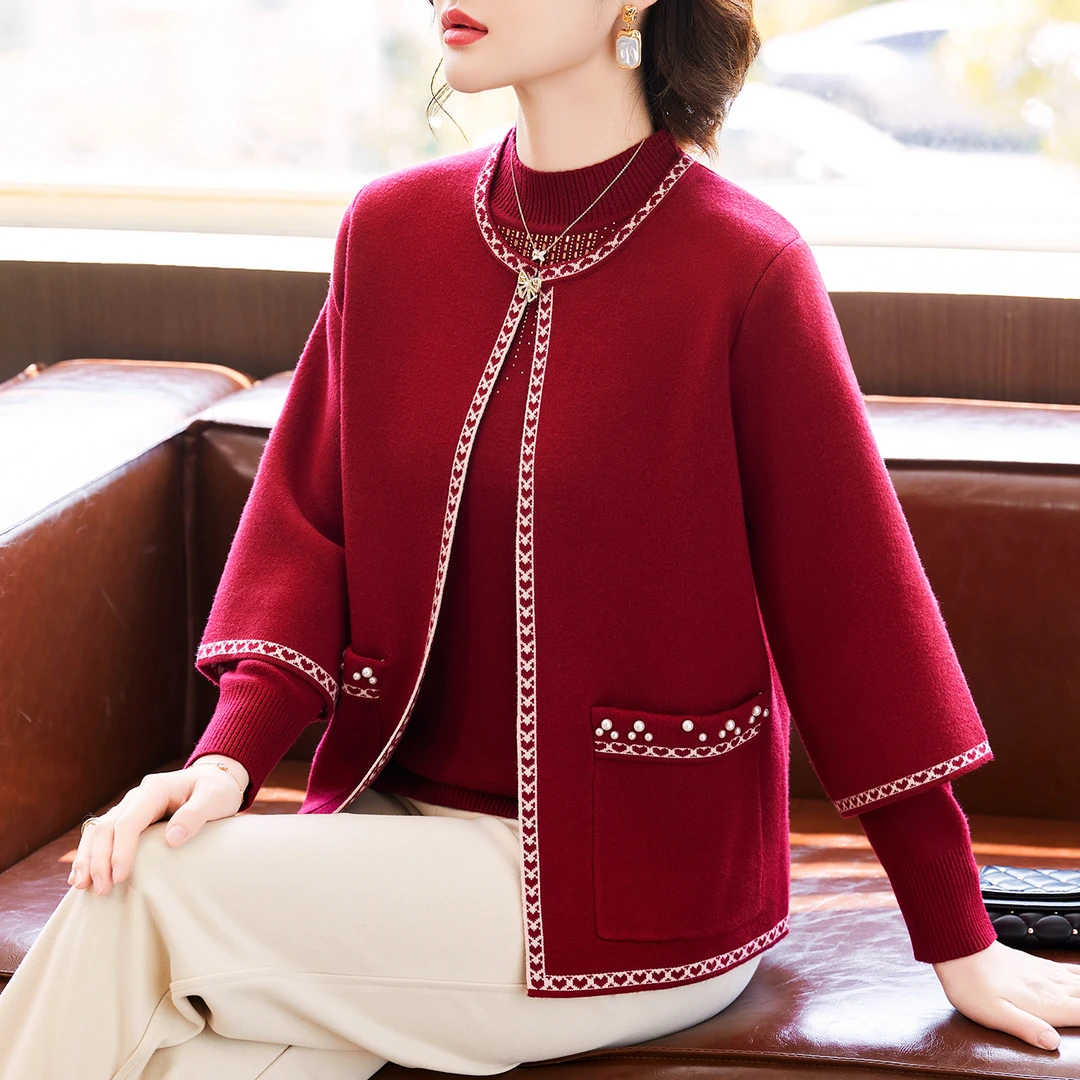 妈妈秋装开衫外套喜婆婆妈妈装2025新款爆款中老年针织毛衣两件套