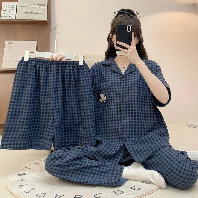 睡衣女云朵棉新款春夏甜美ins风开衫三件套装加肥码220斤家居服