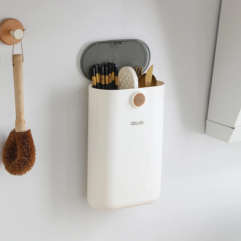 deHub家用壁挂沥水筷笼免打孔防尘带盖勺子筷子收纳盒筷笼置物架
