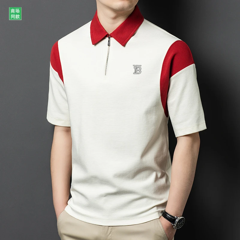 新款夏季男士polo衫时尚休闲宽松拼接简约高端轻奢透气翻领商务