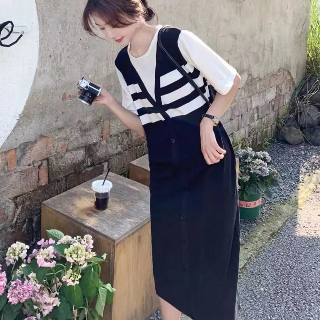 微瑕染色 条纹拼假两件连衣裙新款气质减龄显瘦连衣裙