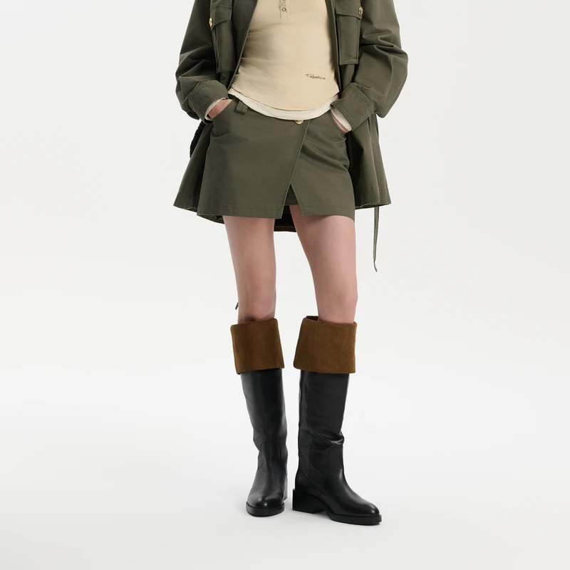 ThreeQuarters军绿色假两件撞色工装裙裤春季新品6501