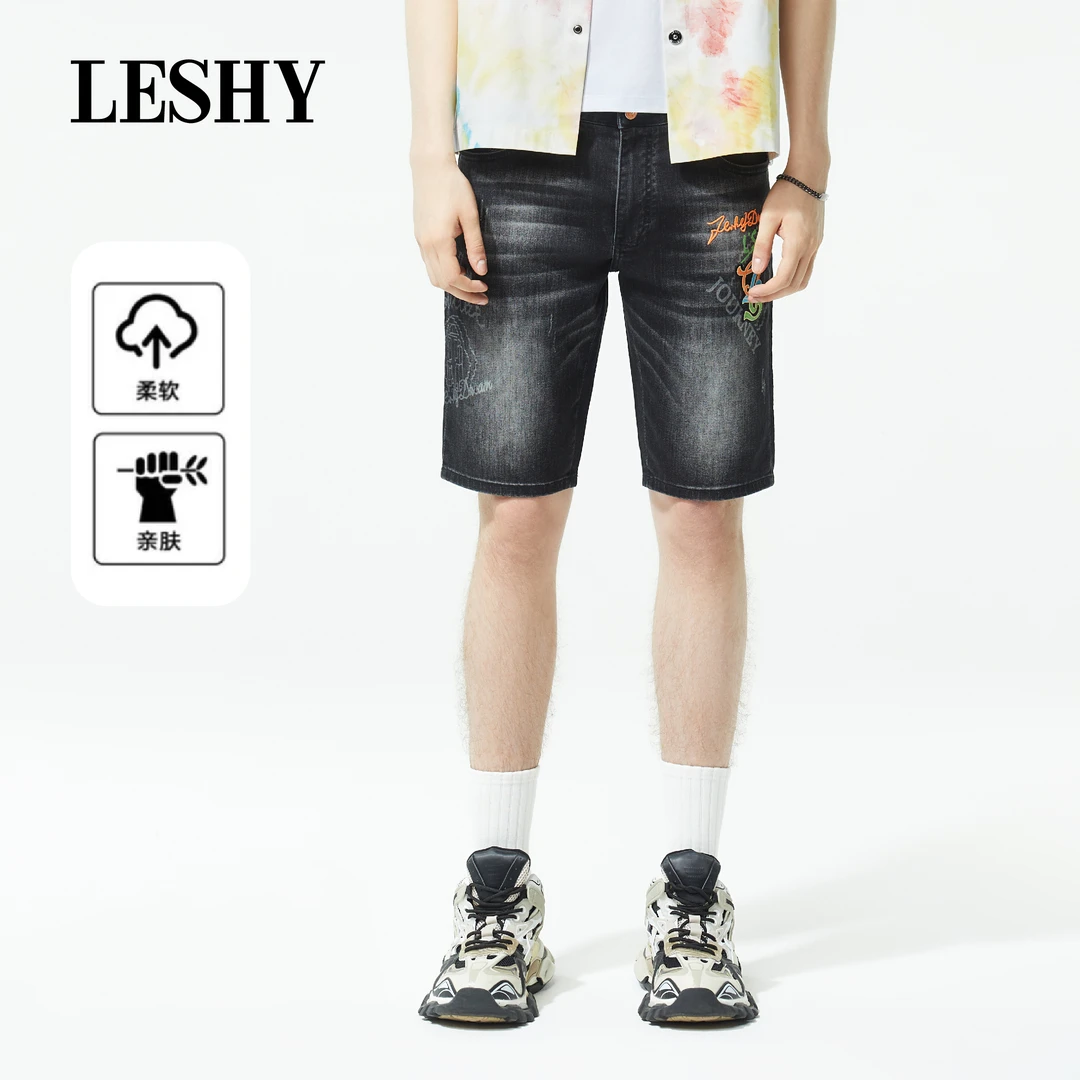 【柔软透气】乐士男装25新款夏季简欧性刺绣牛仔短裤66251S4003