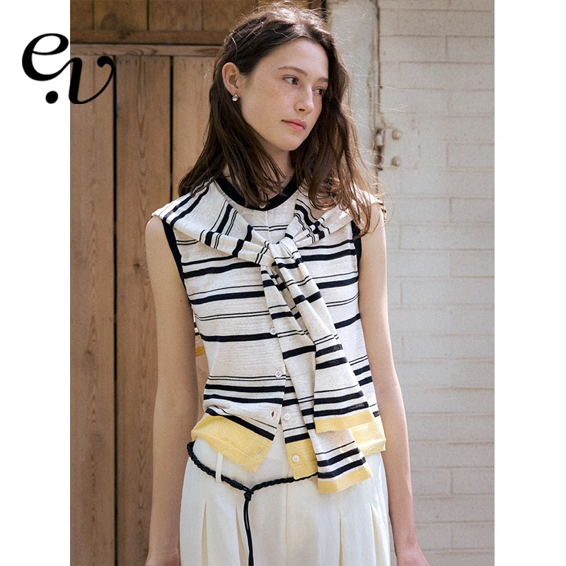Even Vintage | 亚麻混纺 经典时尚撞色条纹设计无袖披肩背心夏新