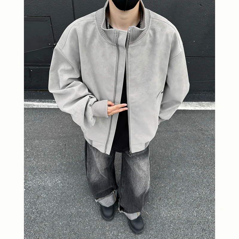 美式复古扎染pu皮夹克男秋季高级感潮牌大码宽松立领痞帅男生外套