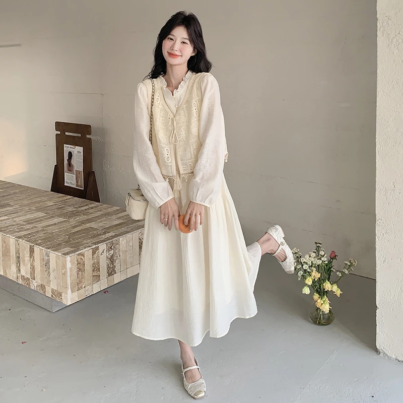 米白色法式流苏蕾丝马甲套装裙女2025早秋超好看长袖连衣裙两件套