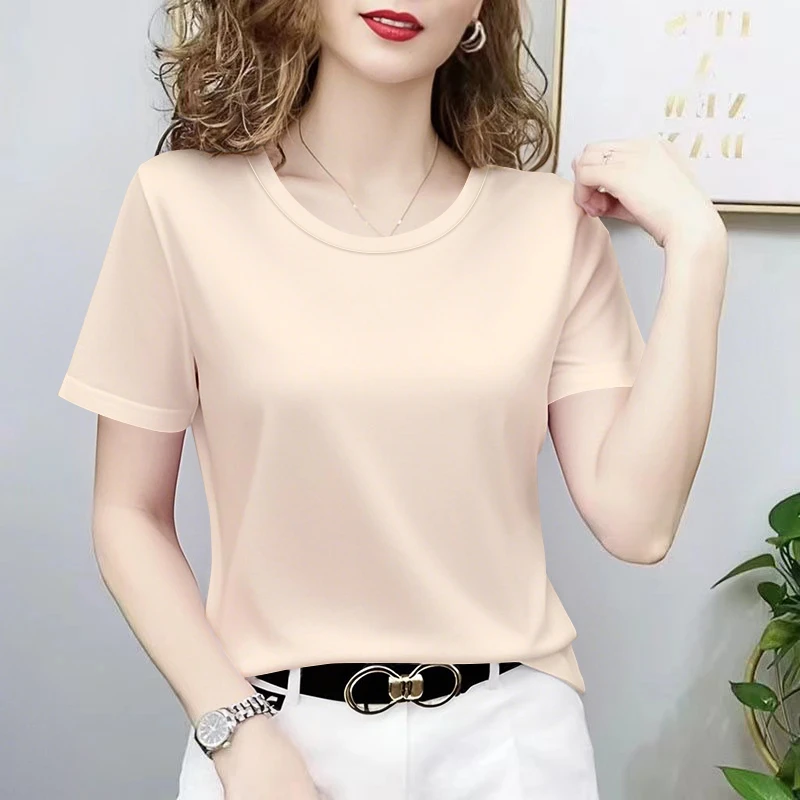 韩版热卖短袖t恤女夏季宽松正肩冰丝圆领打底内搭面膜上衣半袖t恤