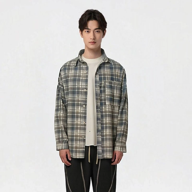 早秋男士休闲流行时尚衬衫格子趋势宽松休闲服