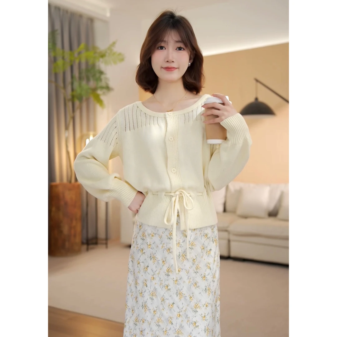 【周周小个子】春季新款气质长袖抽绳圆领宽松百搭毛衣-YJ0227