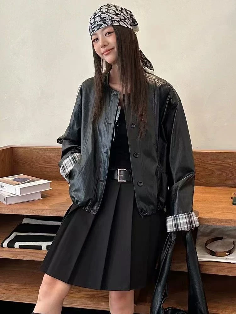 979番外秋冬季新款时尚宽松休闲短款夹克韩系复古圆领PU皮外套女