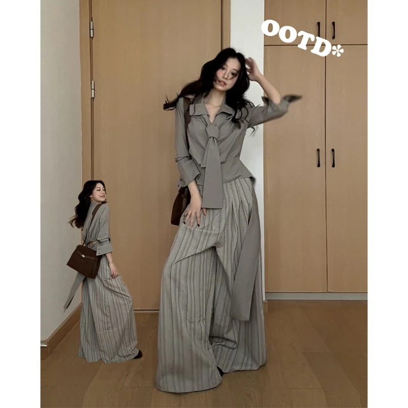 MARIE.COCO设计感系带长袖衬衫女早秋季轻职感褶皱条纹阔腿裤套装