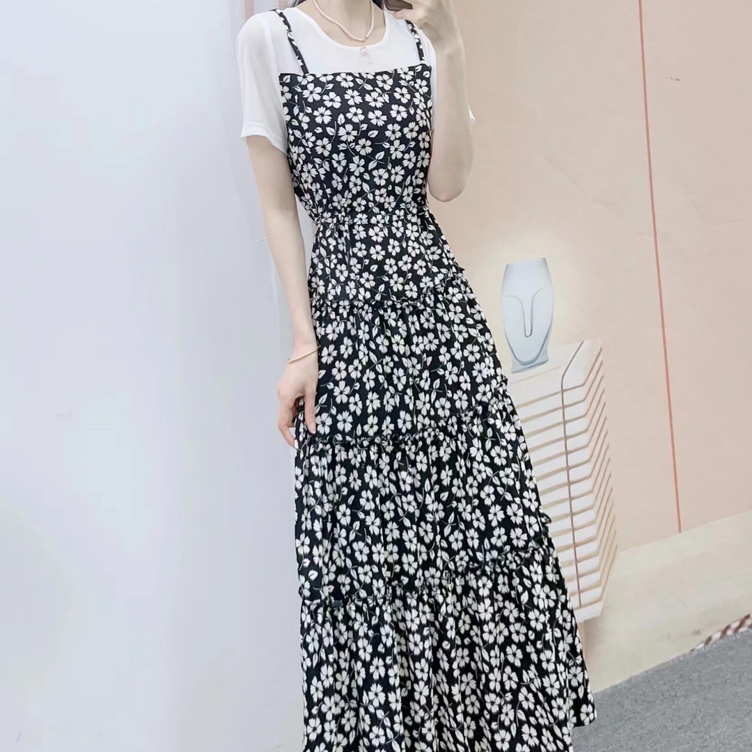 825清品牌专柜新品汉派时尚雪纺印花假两件短袖连衣裙1825/E3