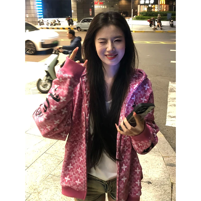 美式多巴胺连帽卫衣女秋季哥特字满印重磅帽衫宽松休闲外套上衣潮