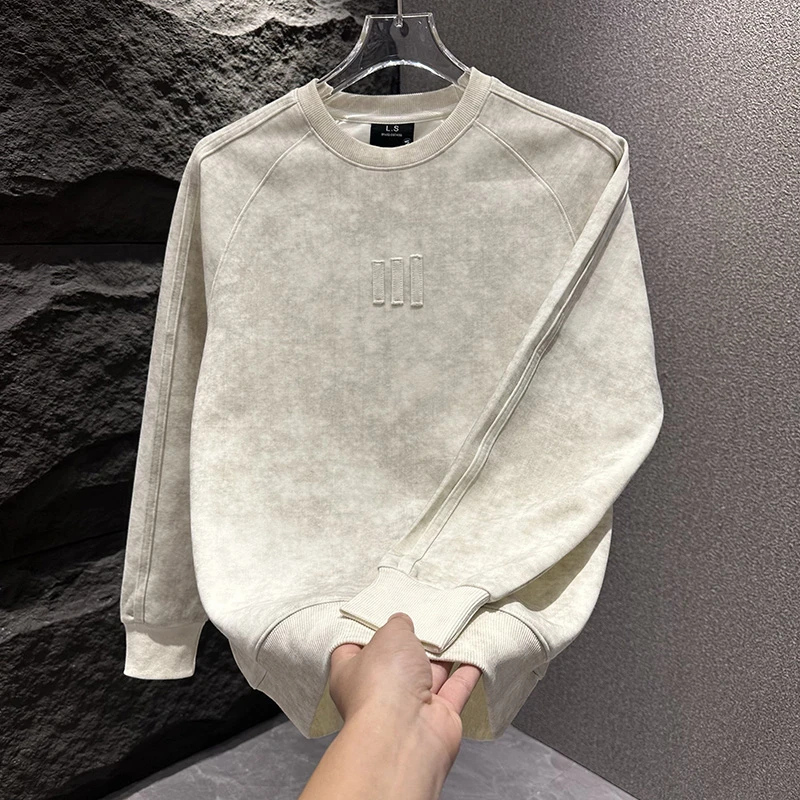 加绒加厚拼接设计男士扎染简约圆领卫衣2025秋冬保暖潮流时尚上衣