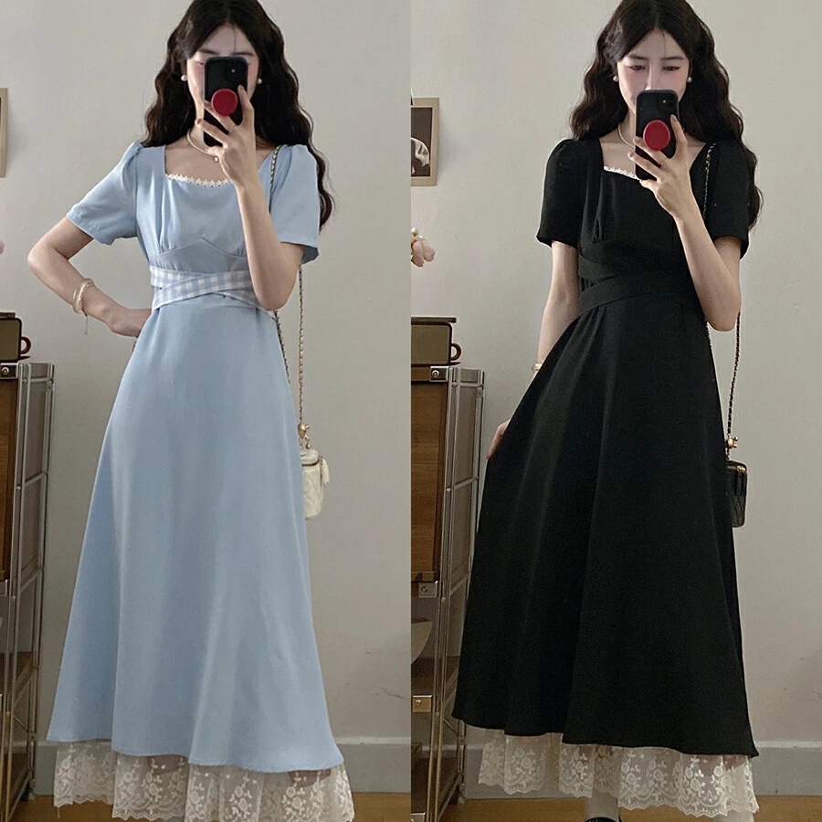 大码女装法式气质方领格子绑带夏季设计感时尚连衣裙胖MM女