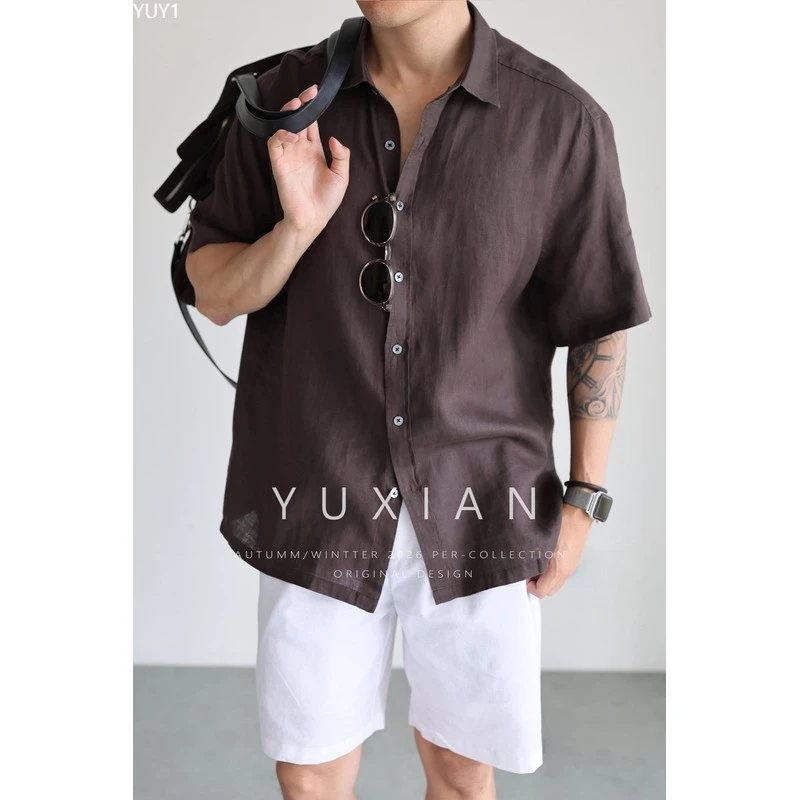 YUY1意式100%亚麻雨露透气短袖衬衫休闲宽松薄款衬衫男女春夏季