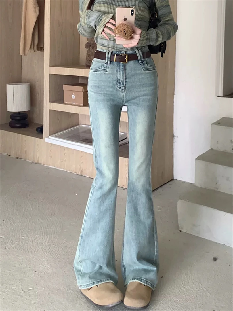 感修身微喇叭牛仔裤裤子高腰显瘦复古时尚百搭微辣慵懒风裤女生