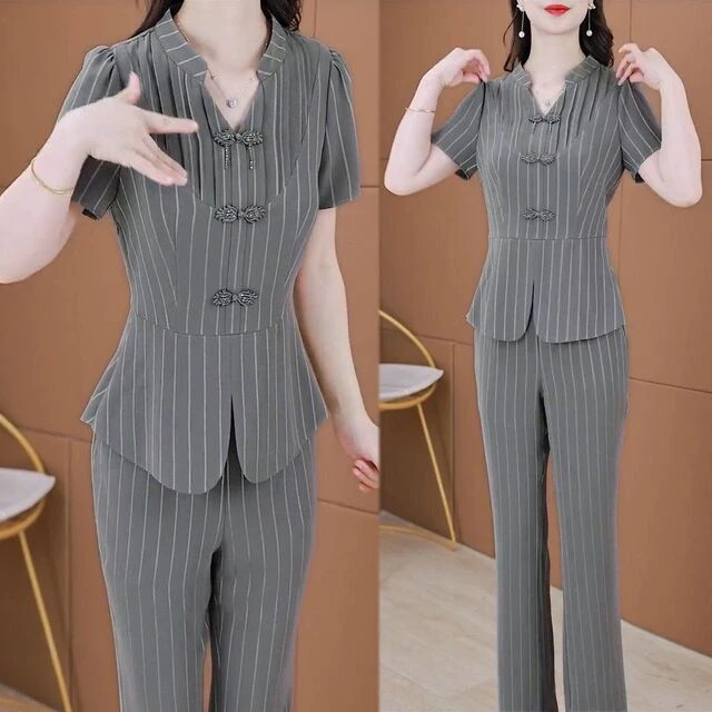 2025夏新款上衣微喇叭裤子职业两件套女时尚显瘦国风盘扣短袖套装