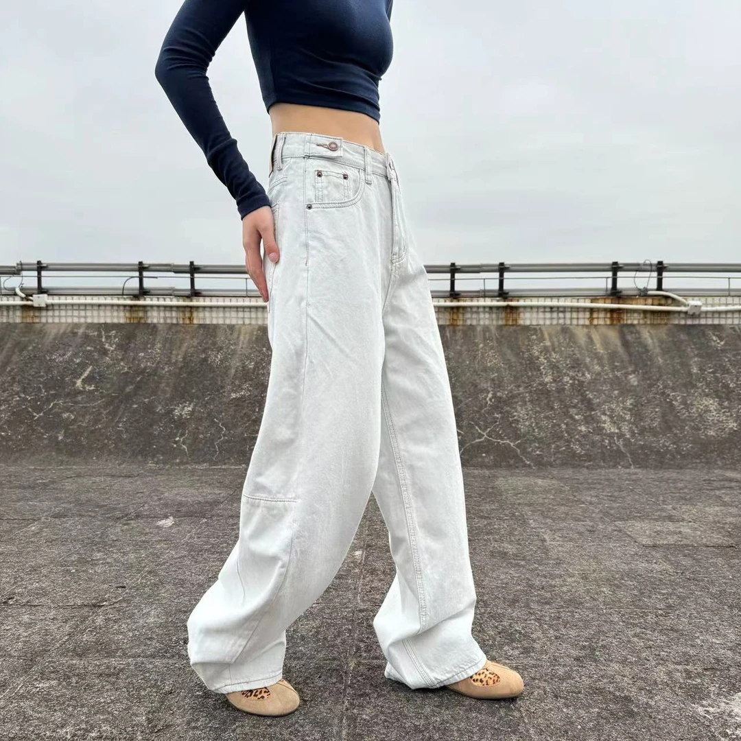 爆款春款水洗弯刀裤拖地裤高腰显瘦8338-1百搭软牛仔裤女宽松大码