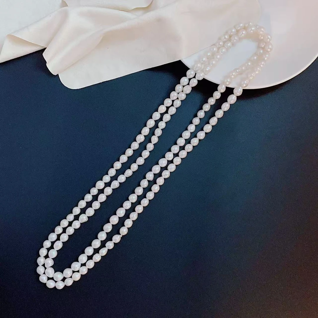天然淡水珍珠AC63#6-8M米形珍珠毛衣链(115-120厘米)