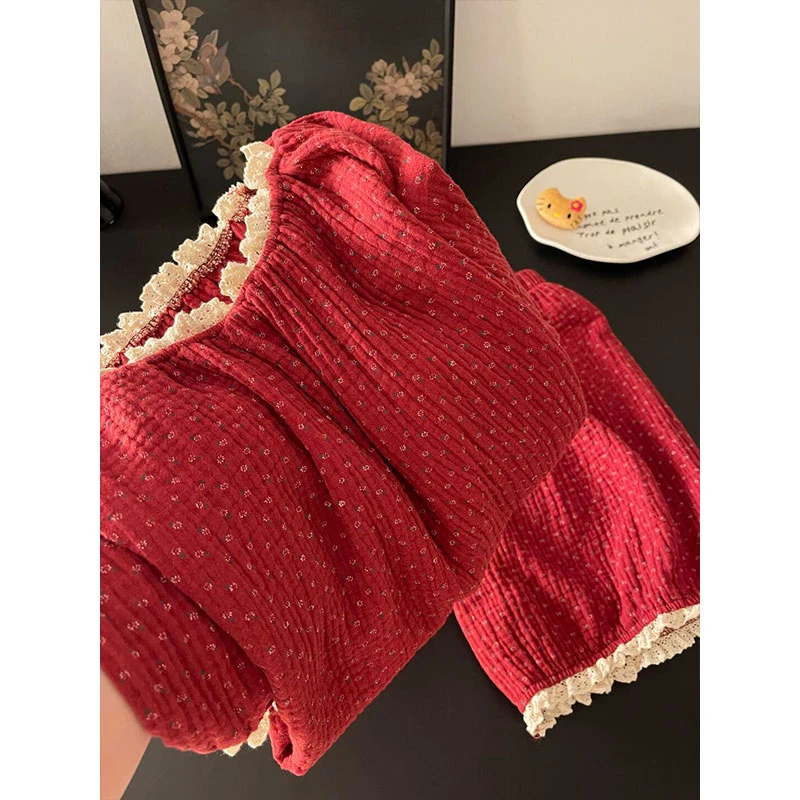 ins中式碎花短袖睡衣套装女复古花边夏天薄款云朵棉家居服两件套
