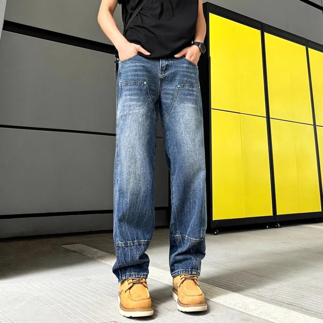 QUALCOMM美式cleanfit铆钉设计拼接长裤男士春季复古蓝伐木牛仔裤