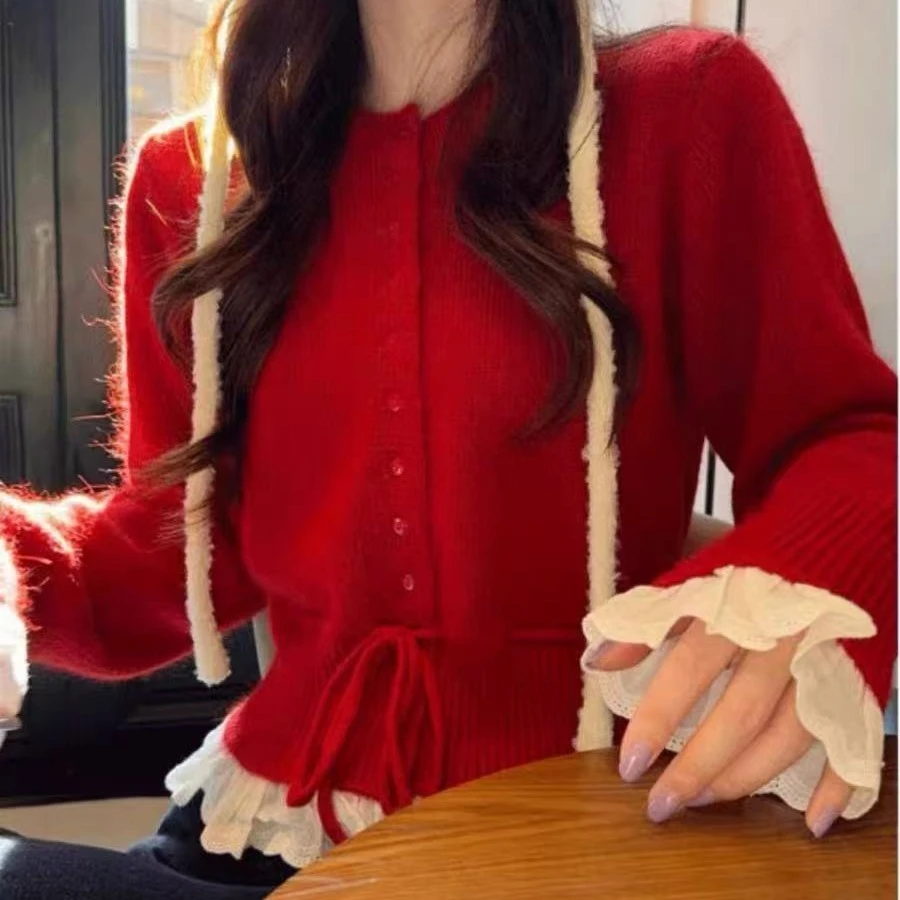 韩系温柔风蕾丝拼接长袖毛衣外套秋冬款抽绳收腰显瘦针织上衣220