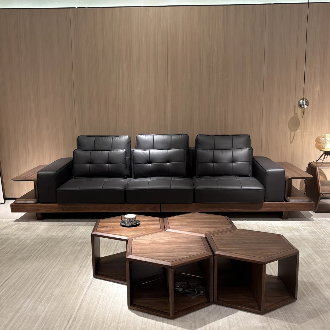 LF319#实木沙发单人位乌金木沙发麂皮绒布艺简约客厅4人位沙发