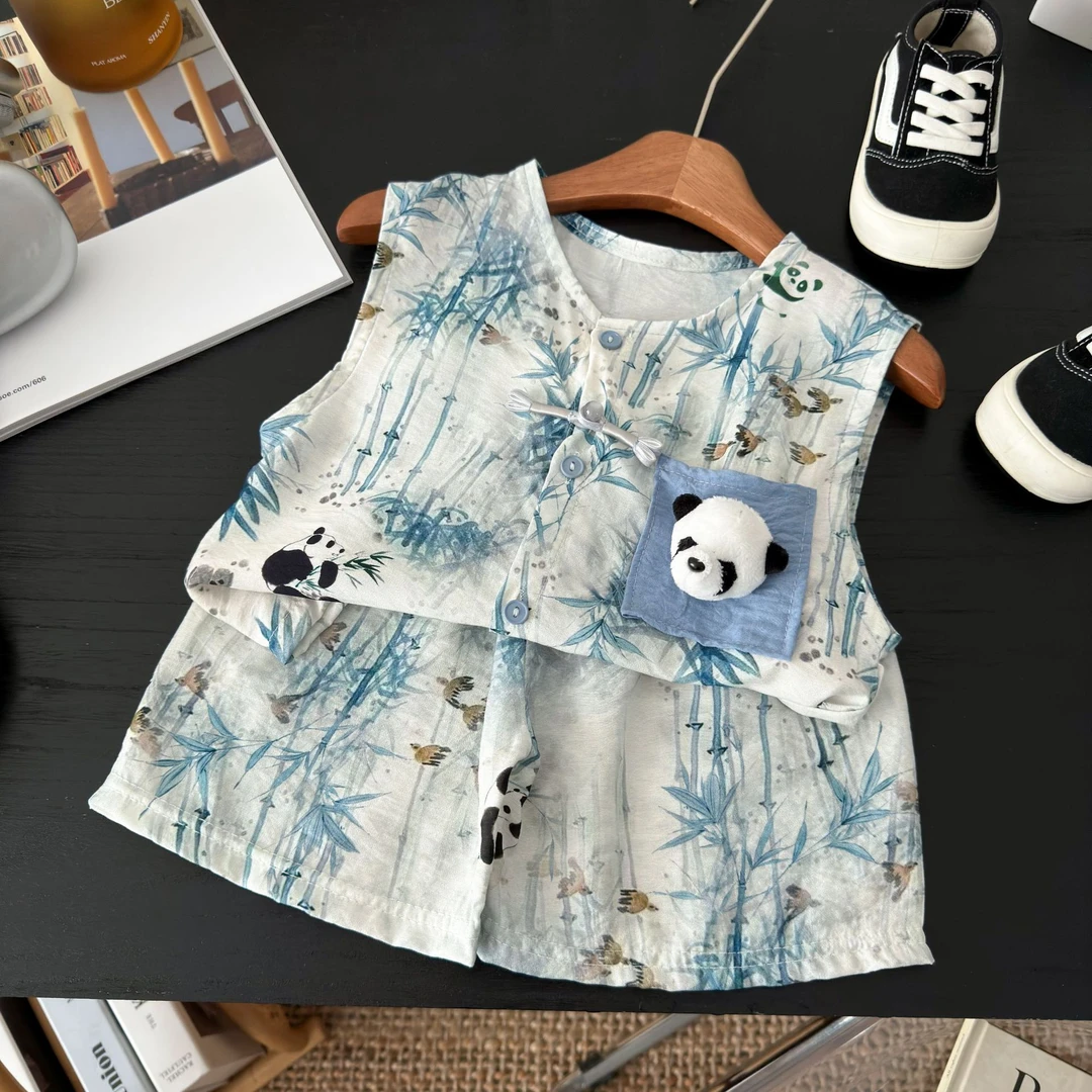 儿童新中式国风熊猫背心套装2025新款男童女童夏季儿童服装